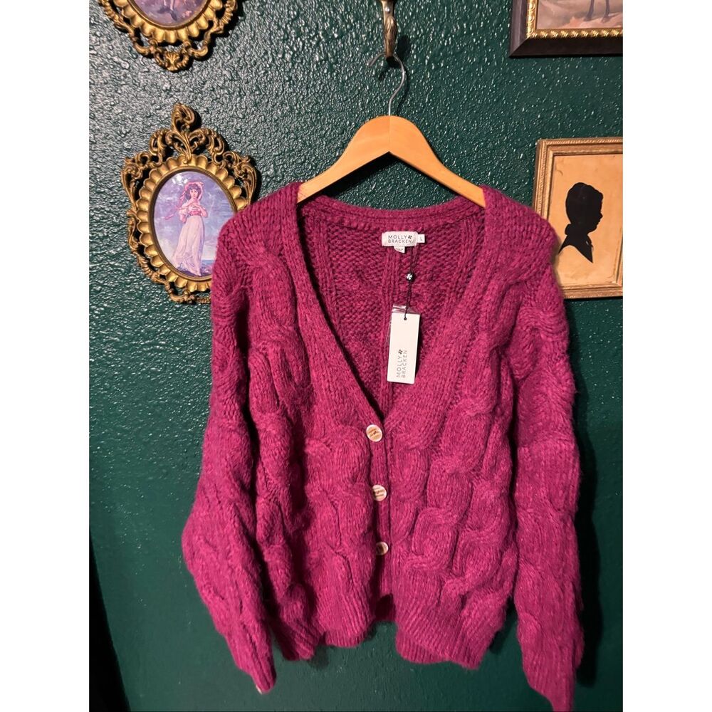 Molly Bracken Magenta Cable Knit Button Cardigan